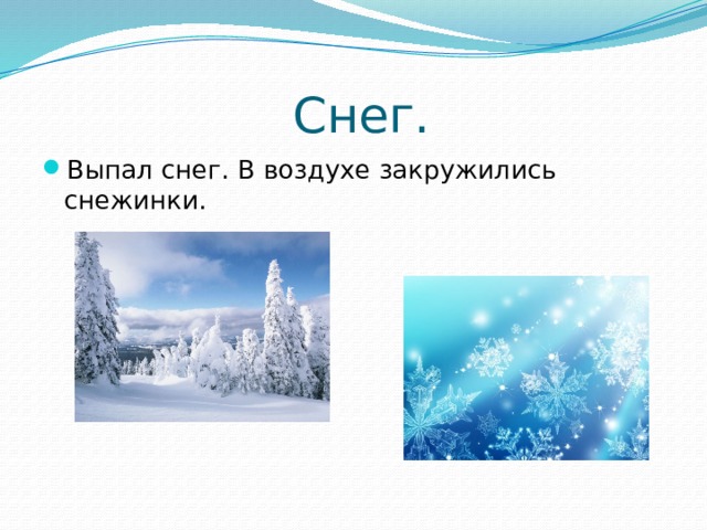  Снег. Выпал снег. В воздухе закружились снежинки. 