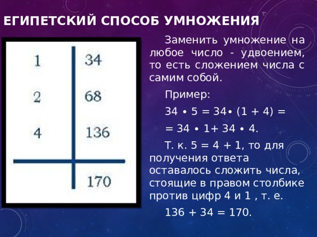 Египетский способ умножения Заменить умножение на любое число - удвоением, то есть сложением числа с самим собой. Пример: 34 ∙ 5 = 34∙ (1 + 4) = = 34 ∙ 1+ 34 ∙ 4. Т. к. 5 = 4 + 1, то для получения ответа оставалось сложить числа, стоящие в правом столбике против цифр 4 и 1 , т. е. 136 + 34 = 170. 