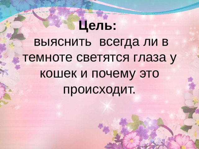  Цель:   выяснить всегда ли в темноте светятся глаза у кошек и почему это происходит. 