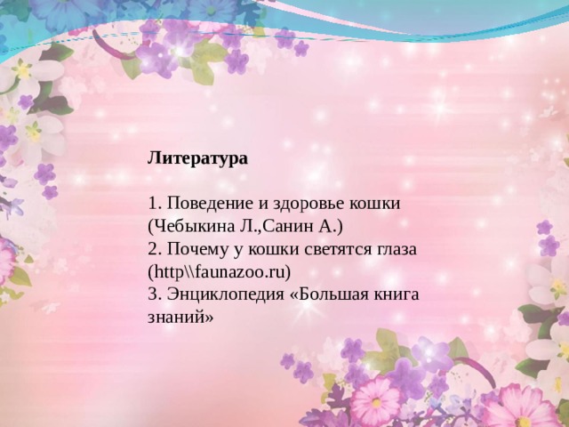   Литература   1. Поведение и здоровье кошки (Чебыкина Л.,Санин А.) 2. Почему у кошки светятся глаза ( http \\ faunazoo . ru ) 3. Энциклопедия «Большая книга знаний»   