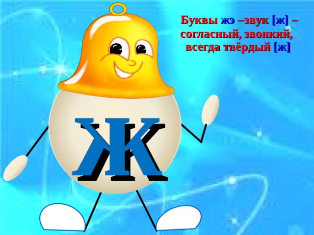 Буквы жэ – звук  [ж]  – согласный, звонкий, всегда твёрдый [ж] ж 