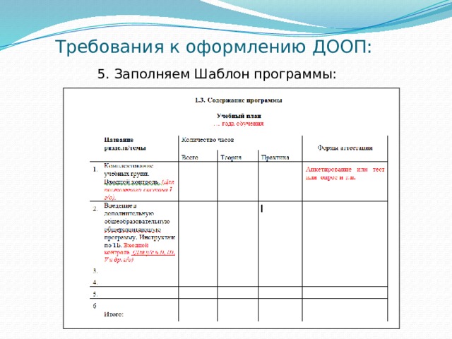 Требования к оформлению ДООП: 5. Заполняем Шаблон программы:    