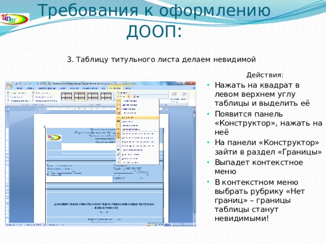 Требования к оформлению ДООП : 3. Таблицу титульного листа делаем невидимой   Действия: Нажать на квадрат в левом верхнем углу таблицы и выделить её Появится панель «Конструктор», нажать на неё На панели «Конструктор» зайти в раздел «Границы» Выпадет контекстное меню В контекстном меню выбрать рубрику «Нет границ» – границы таблицы станут невидимыми!   
