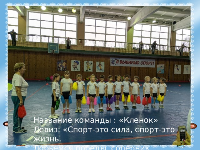Название команды : «Кленок» Девиз: «Спорт-это сила, спорт-это жизнь. Добьемся победы, соперник держись !» 