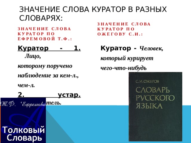 Значение слова куратор в разных словарях: Значение слова Куратор по Ефремовой т.ф.:  Значение слова Куратор по Ожегову с.и.: Куратор - 1. Лицо, Куратор - Человек, которому поручено который курирует наблюдение за кем-л., чего-что-нибудь  чем-л. 2. устар. Попечитель.  