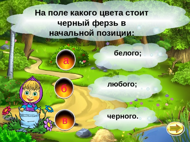 На поле какого цвета стоит черный ферзь в начальной позиции: белого; а любого; б черного. в 