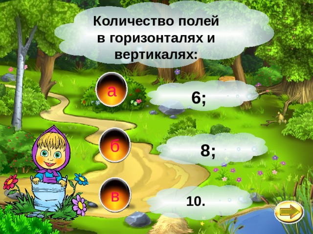 Количество полей в горизонталях и вертикалях: а 6; б 8; в 10. 