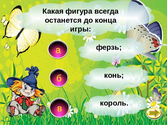 Какая фигура всегда останется до конца игры: ферзь; а конь; б  король. в 