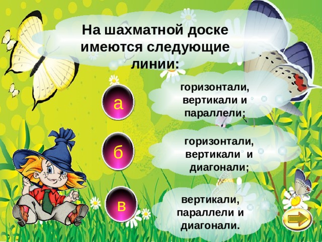 На шахматной доске имеются следующие линии: горизонтали, вертикали и параллели; а горизонтали, вертикали и диагонали; б вертикали, параллели и диагонали. в 