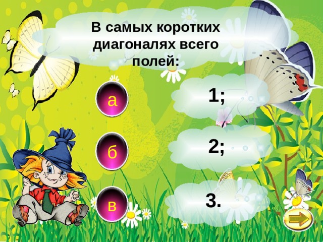 В самых коротких диагоналях всего полей: 1; а 2; б 3. в 
