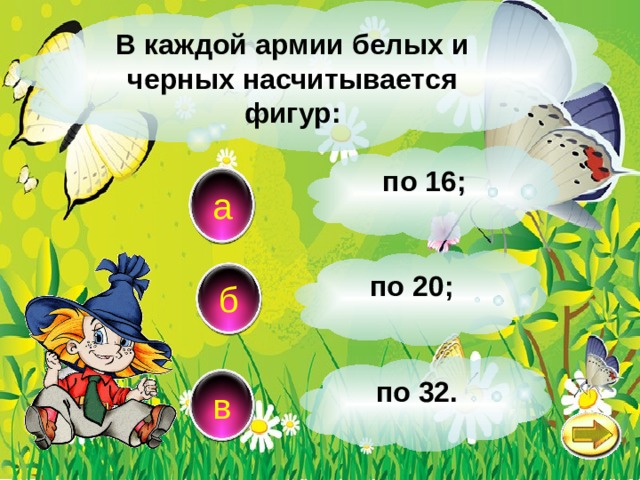 В каждой армии белых и черных насчитывается фигур: по 16; а по 20; б по 32. в 
