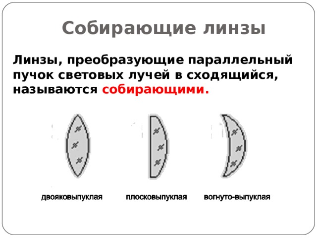 Собирающие линзы Линзы, преобразующие параллельный пучок световых лучей в сходящийся, называются собирающими.  