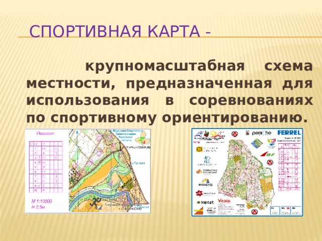  Спортивная карта -  крупномасштабная схема местности, предназначенная для использования в соревнованиях по спортивному ориентированию.  
