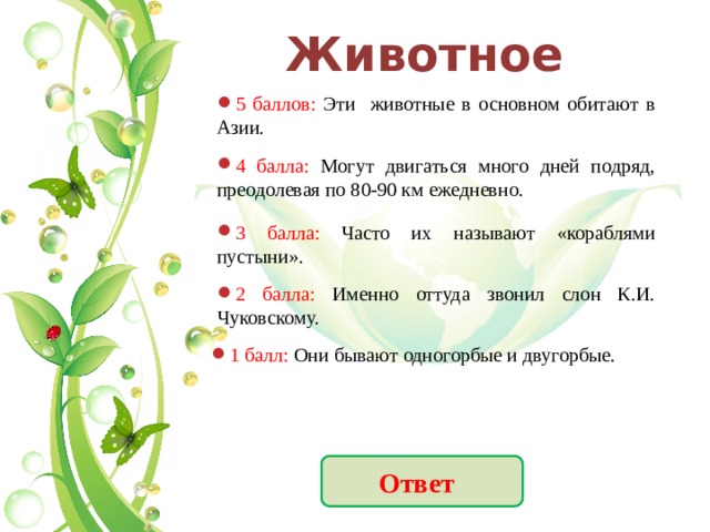 Животное 5 баллов: Эти животные в основном обитают в Азии. 4 балла: Могут двигаться много дней подряд, преодолевая по 80-90 км ежедневно. 3 балла: Часто их называют «кораблями пустыни». 2 балла: Именно оттуда звонил слон К.И. Чуковскому. 1 балл: Они бывают одногорбые и двугорбые. Ответ 
