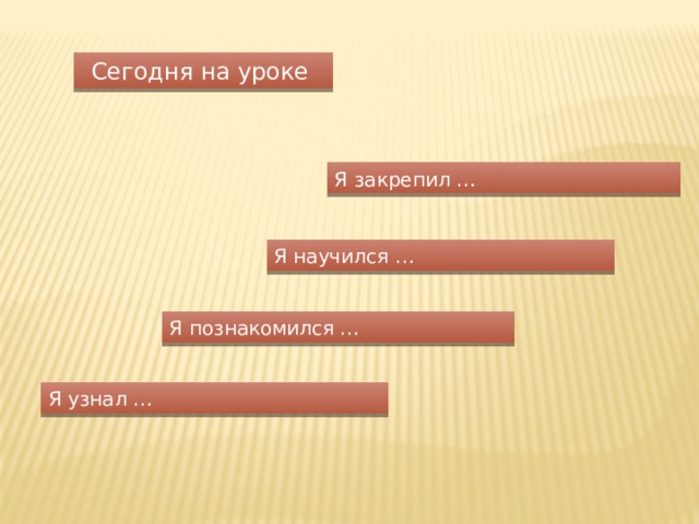 Сегодня на уроке Я закрепил … Я научился … Я познакомился … Я узнал … 