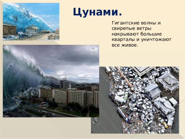 Цунами. Гигантские волны и свирепые ветры накрывают большие кварталы и уничтожают все живое.  