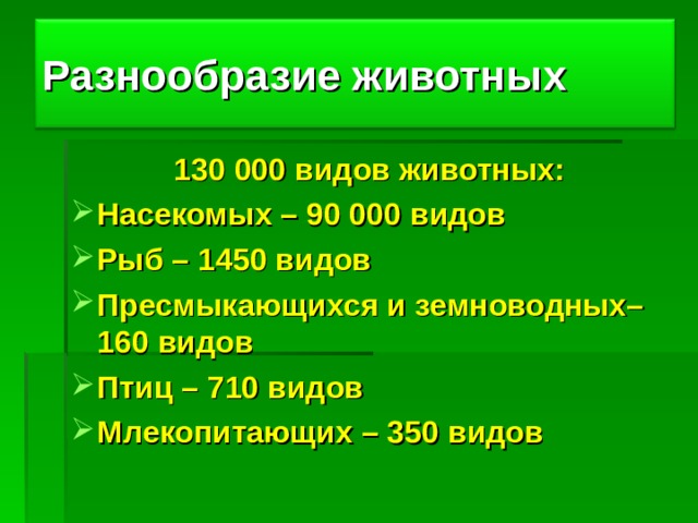 Разнообразие животных 130 000 видов животных: Насекомых – 90 000 видов Рыб – 1450 видов Пресмыкающихся и земноводных– 160 видов Птиц – 710 видов Млекопитающих – 350 видов  