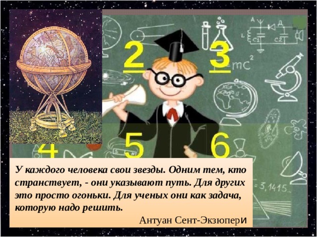 У каждого человека свои звезды. Одним тем, кто странствует, - они указывают путь. Для других это просто огоньки. Для ученых они как задача, которую надо решить.  Антуан Сент-Экзюпер и 