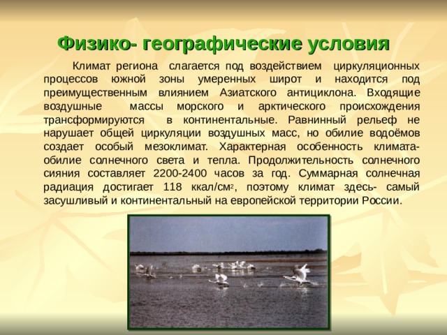 Физико- географические условия  Климат региона слагается под воздействием циркуляционных процессов южной зоны умеренных широт и находится под преимущественным влиянием Азиатского антициклона. Входящие воздушные массы морского и арктического происхождения трансформируются в континентальные. Равнинный рельеф не нарушает общей циркуляции воздушных масс, но обилие водоёмов создает особый мезоклимат. Характерная особенность климата- обилие солнечного света и тепла. Продолжительность солнечного сияния составляет 2200-2400 часов за год. Суммарная солнечная радиация достигает 118 ккал/см 2 , поэтому климат здесь- самый засушливый и континентальный на европейской территории России.  