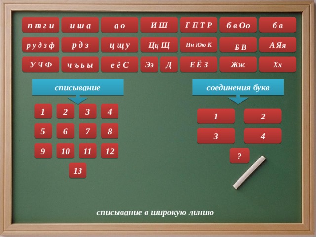 б в Г П Т Р И Ш а о и ш а п т г и б в Оо А Яя  Б В ц щ у р у д з ф р д з Нн Юю К Цц Щ Хх Д Е Ё З Жж Ээ е ё С ч ъ ь ы У Ч Ф списывание соединения букв 4 3 1 2 2 1 5 6 7 8 3 4 9 10 11 12 ? 13 списывание в широкую линию 