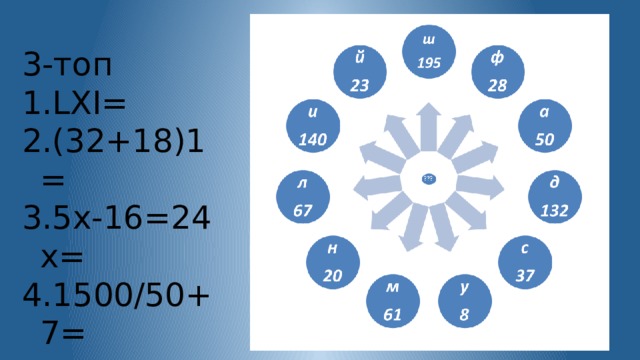 3-топ LXI= (32+18)1= 5x-16=24 х= 1500/50+7= 