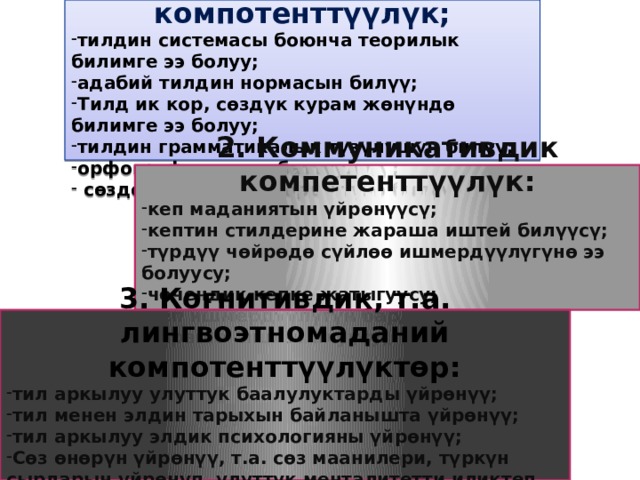 1. Тилдик компотенттүүлүк; тилдин системасы боюнча теорилык билимге ээ болуу; адабий тилдин нормасын билүү; Тилд ик кор, сөздүк курам жөнүндө билимге ээ болуу; тилдин грамматикалык түзүлүшүн билүү; орфографиялык сабаттуулугу;  сөздөрдү, сүйлөмдөрдү түзө билүү; 2. Коммуникативдик компетенттүүлүк: кеп маданиятын үйрөнүүсү; кептин стилдерине жараша иштей билүүсү; түрдүү чөйрөдө сүйлөө ишмердүүлүгүнө ээ болуусу; чечендик кепке жатыгуусу; кеп ишмердүүлүгүн бардык түрлөрүнө жараша иштей алуусу; 3. Когнитивдик, т.а. лингвоэтномаданий компотенттүүлүктөр: тил аркылуу улуттук баалулуктарды үйрөнүү; тил менен элдин тарыхын байланышта үйрөнүү; тил аркылуу элдик психологияны үйрөнүү; Сөз өнөрүн үйрөнүү, т.а. сөз маанилери, түркүн сырларын үйрөнүп, улуттук менталитетти иликтеп билүү; 