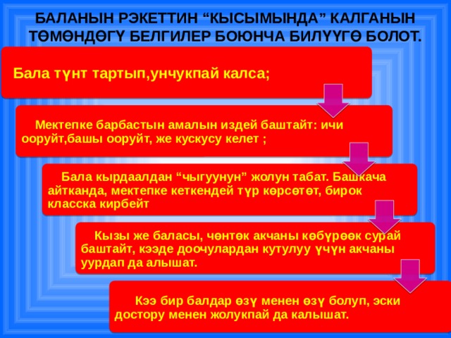 Баланын рэкеттин “кысымында” калганын төмөндөгү белгилер боюнча билүүгө болот.  Бала түнт тартып,унчукпай калса;  Мектепке барбастын амалын издей баштайт: ичи ооруйт,башы ооруйт, же кускусу келет ;  Бала кырдаалдан “чыгуунун” жолун табат. Башкача айтканда, мектепке кеткендей түр көрсөтөт, бирок класска кирбейт  Кызы же баласы, чөнтөк акчаны көбүрөөк сурай баштайт, кээде доочулардан кутулуу үчүн акчаны уурдап да алышат.  Кээ бир балдар өзү менен өзү болуп, эски достору менен жолукпай да калышат. 