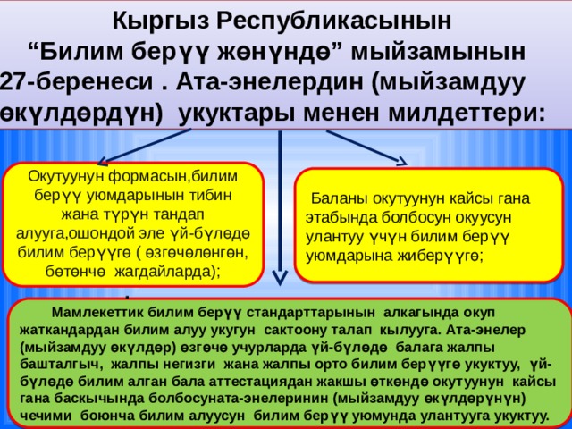  Кыргыз Республикасынын “Билим берүү жөнүндө” мыйзамынын 27-беренеси . Ата-энелердин (мыйзамдуу өкүлдөрдүн) укуктары менен милдеттери:  Окутуунун формасын,билим берүү уюмдарынын тибин жана түрүн тандап алууга,ошондой эле үй-бүлөдө билим берүүгө ( өзгөчөлөнгөн, бөтөнчө жагдайларда); .   Баланы окутуунун кайсы гана этабында болбосун окуусун улантуу үчүн билим берүү уюмдарына жиберүүгө;  Мамлекеттик билим берүү стандарттарынын алкагында окуп жаткандардан билим алуу укугун сактоону талап кылууга. Ата-энелер (мыйзамдуу өкүлдөр) өзгөчө учурларда үй-бүлөдө балага жалпы башталгыч, жалпы негизги жана жалпы орто билим берүүгө укуктуу, үй-бүлөдө билим алган бала аттестациядан жакшы өткөндө окутуунун кайсы гана баскычында болбосуната-энелеринин (мыйзамдуу өкүлдөрүнүн) чечими боюнча билим алуусун билим берүү уюмунда улантууга укуктуу. 