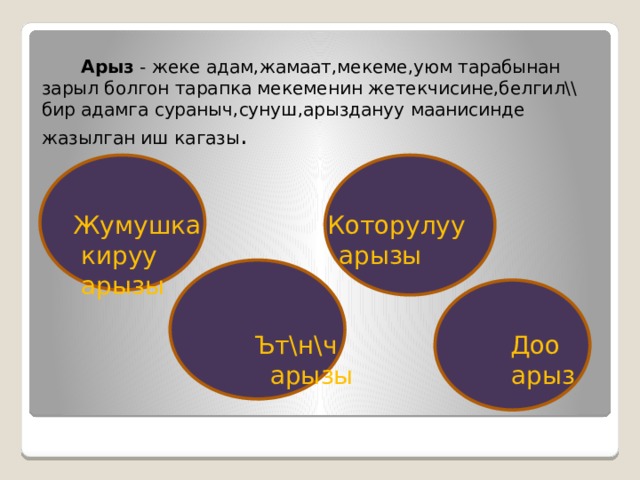    Арыз - жеке адам,жамаат,мекеме,уюм тарабынан зарыл болгон тарапка мекеменин жетекчисине,белгил\\ бир адамга сураныч,сунуш,арыздануу маанисинде жазылган иш кагазы .      Жумушка Которулуу  кируу арызы  арызы   Ът\н\ч Доо  арызы арыз 