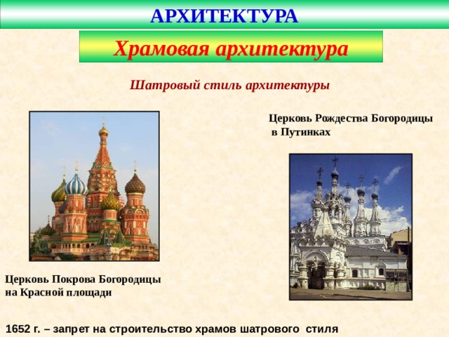 АРХИТЕКТУРА Храмовая архитектура Шатровый стиль архитектуры Церковь Вознесения в селе Коломенском Никольская церковь в селе Лявля Архангельской бласти Шатровый стиль архитектуры –  вид архитектурного сооружения, завершающегося высокой многогранной пирамидой 