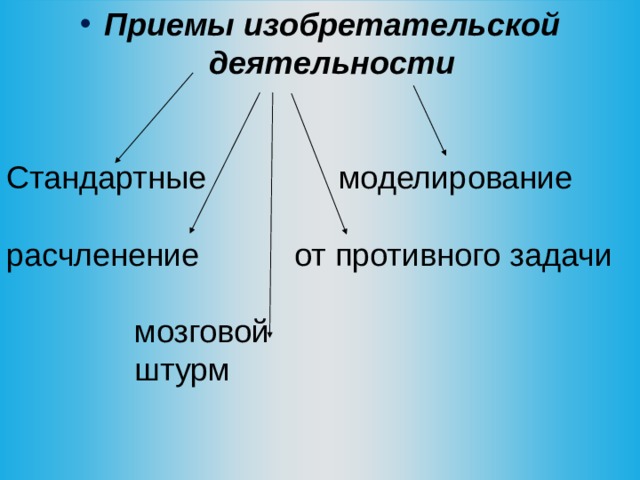 Приемы изобретательской деятельности   Стандартные моделирование расчленение    от противного задачи     мозговой     штурм  
