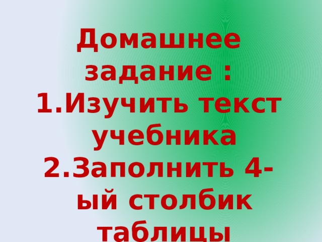 Домашнее задание : Изучить текст учебника Заполнить 4-ый столбик таблицы 