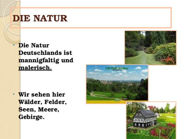 DIE NATUR Die Natur Deutschlands ist mannigfaltig und malerisch.   Wir sehen hier W älder, Felder, Seen, Meere, Gebirge. 