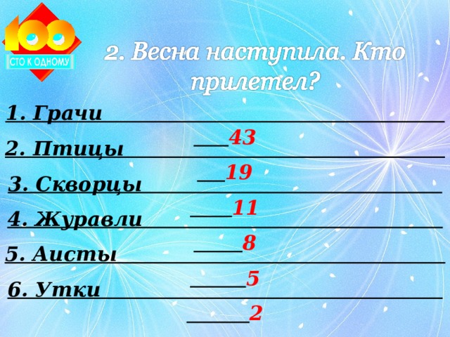 1. Грачи 43 2. Птицы 19 3. Скворцы 11 4. Журавли 8 5. Аисты 5 6. Утки 2 