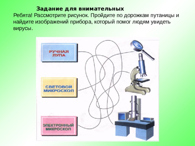  Задание для внимательных   Ребята! Рассмотрите рисунок. Пройдите по дорожкам путаницы и  найдите изображений прибора, который помог людям увидеть  вирусы. 