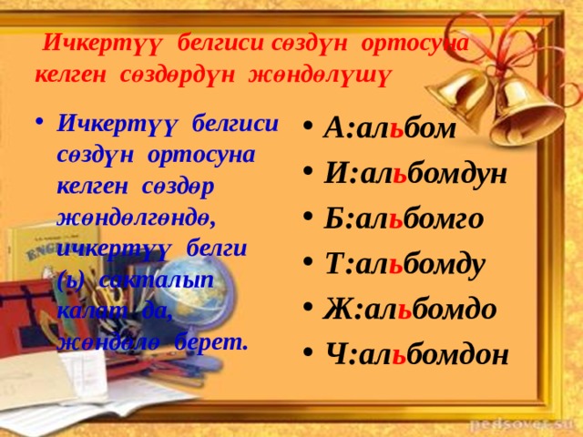  Ичкертүү белгиси сөздүн ортосуна келген сөздөрдүн жөндөлүшү Ичкертүү белгиси сөздүн ортосуна келген сөздөр жөндөлгөндө, ичкертүү белги (ь) сакталып калат да, жөндөлө берет. А:ал ь бом И:ал ь бомдун Б:ал ь бомго Т:ал ь бомду Ж:ал ь бомдо Ч:ал ь бомдон 