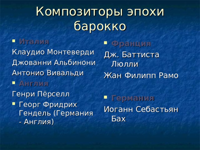 Композиторы эпохи барокко Италия Клаудио Монтеверди Джованни Альбинони Антонио Вивальди Англия Генри Пёрселл Георг Фридрих Гендель (Германия - Англия) Франция Дж. Баттиста Люлли Жан Филипп Рамо Германия Иоганн Себастьян Бах 