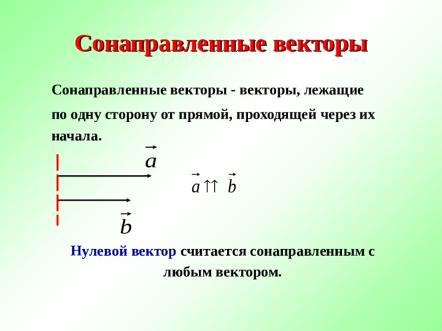Сонаправленные векторы Сонаправленные векторы - векторы, лежащие по одну сторону от прямой, проходящей через их начала. Нулевой вектор считается сонаправленным с любым вектором. 