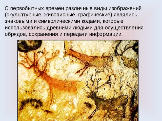 С первобытных времен различные виды изображений (скульптурные, живописные, графические) являлись знаковыми и символическими кодами, которые использовались древними людьми для осуществления обрядов, сохранения и передачи информации. 