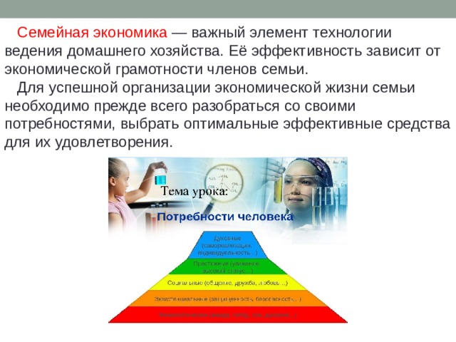  Семейная экономика — важный элемент технологии ведения домашнего хозяйства. Её эффективность зависит от экономической грамотности членов семьи.  Для успешной организации экономической жизни семьи необходимо прежде всего разобраться со своими потребностями, выбрать оптимальные эффективные средства для их удовлетворения. 