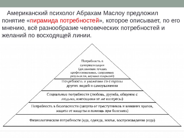  Американский психолог Абрахам Маслоу предложил понятие « пирамида потребностей », которое описывает, по его мнению, всё разнообразие человеческих потребностей и желаний по восходящей линии. 