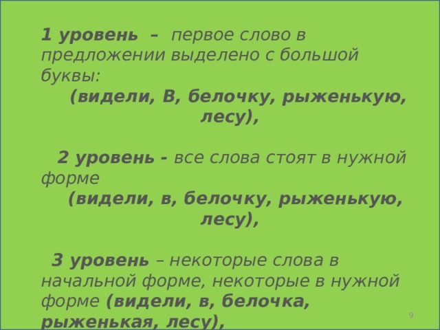    1 уровень  –   первое слово в предложении выделено с большой буквы: (видели, В, белочку, рыженькую, лесу), 2 уровень -  все слова стоят в нужной форме (видели, в, белочку, рыженькую, лесу), 3 уровень  – некоторые слова в начальной форме, некоторые в нужной форме  (видели, в, белочка, рыженькая, лесу), 4 уровень–  все слова  в начальной форме (видеть, в, белочка, рыженькая, лес).  