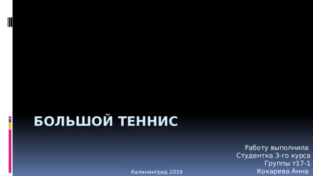Большой теннис Работу выполнила Студентка 3-го курса Группы т17-1 Кокарева Анна Калининград 2019 