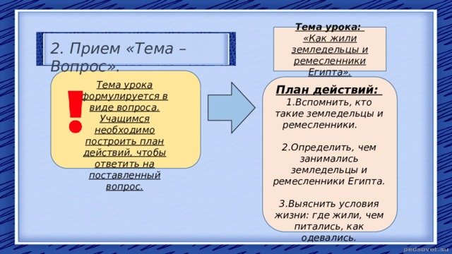 Тема урока: «Как жили земледельцы и ремесленники Египта». 2. Прием «Тема – Вопрос». План действий: 1.Вспомнить, кто такие земледельцы и ремесленники.  2.Определить, чем занимались земледельцы и ремесленники Египта.  3.Выяснить условия жизни: где жили, чем питались, как одевались. Тема урока формулируется в виде вопроса. Учащимся необходимо построить план действий, чтобы ответить на поставленный вопрос. 