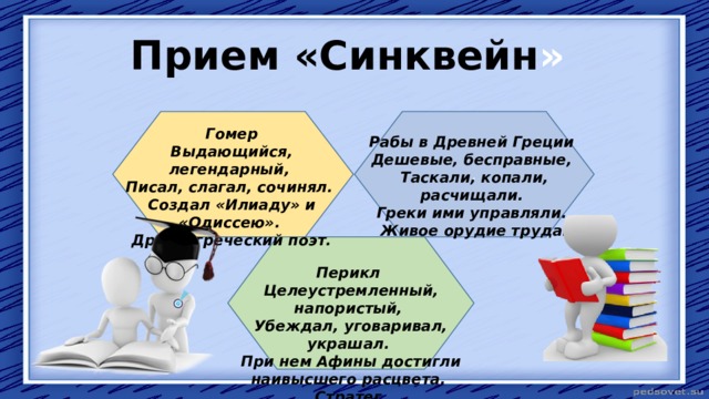 Прием «Синквейн » .  Гомер Выдающийся, легендарный, Писал, слагал, сочинял. Создал «Илиаду» и «Одиссею». Древнегреческий поэт. Рабы в Древней Греции Дешевые, бесправные, Таскали, копали, расчищали. Греки ими управляли. Живое орудие труда. Перикл Целеустремленный, напористый, Убеждал, уговаривал, украшал. При нем Афины достигли наивысшего расцвета. Стратег. 