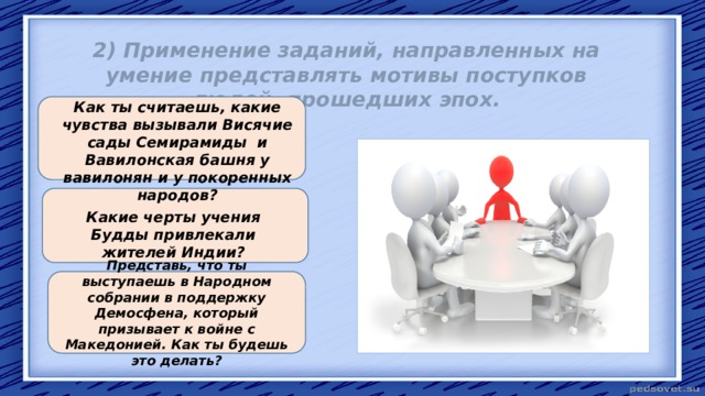2) Применение заданий, направленных на умение представлять мотивы поступков людей, прошедших эпох. Как ты считаешь, какие чувства вызывали Висячие сады Семирамиды и Вавилонская башня у вавилонян и у покоренных народов?    Какие черты учения Будды привлекали жителей Индии? Представь, что ты выступаешь в Народном собрании в поддержку Демосфена, который призывает к войне с Македонией. Как ты будешь это делать? 