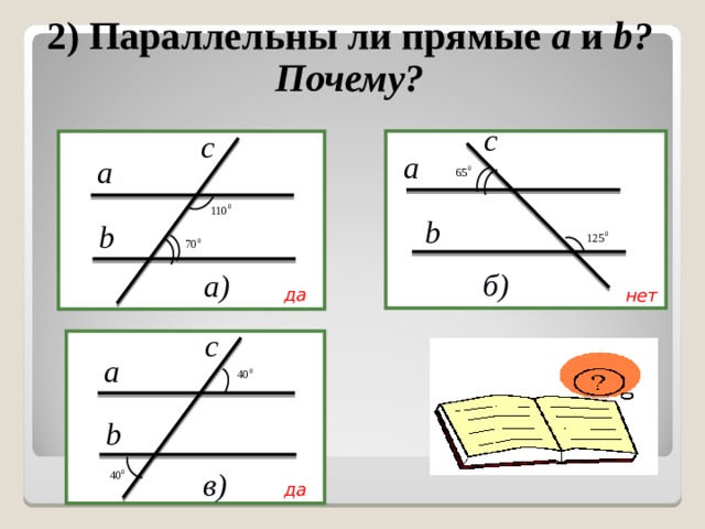 2) Параллельны ли прямые a и  b ? Почему? с с a a  b b б ) a) да нет с a b в) да