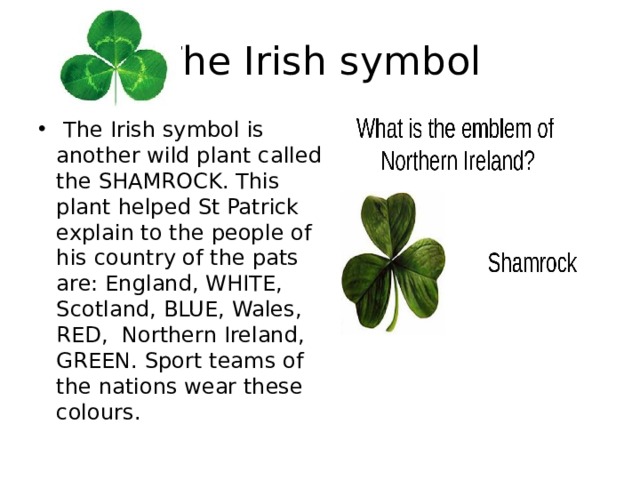 The Irish symbol   The Irish symbol is another wild plant called the SHAMROCK. This plant helped St Patrick explain to the people of his country of the pats are: England, WHITE, Scotland, BLUE, Wales, RED,  Northern Ireland, GREEN. Sport teams of the nations wear these colours. 