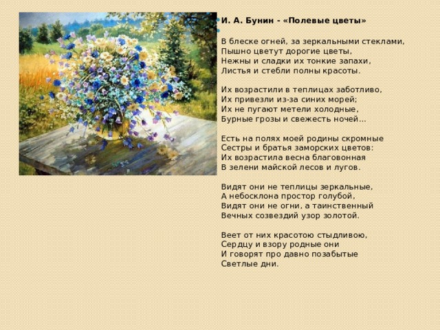 И. А. Бунин - «Полевые цветы»  В блеске огней, за зеркальными стеклами,  Пышно цветут дорогие цветы,  Нежны и сладки их тонкие запахи,  Листья и стебли полны красоты.   Их возрастили в теплицах заботливо,  Их привезли из-за синих морей;  Их не пугают метели холодные,  Бурные грозы и свежесть ночей...   Есть на полях моей родины скромные  Сестры и братья заморских цветов:  Их возрастила весна благовонная  В зелени майской лесов и лугов.   Видят они не теплицы зеркальные,  А небосклона простор голубой,  Видят они не огни, а таинственный  Вечных созвездий узор золотой.   Веет от них красотою стыдливою,  Сердцу и взору родные они  И говорят про давно позабытые  Светлые дни.   