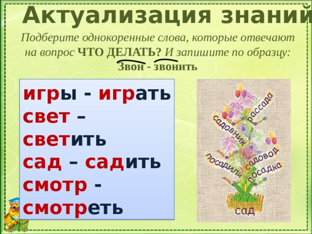 Актуализация знаний Подберите однокоренные слова, которые отвечают на вопрос ЧТО ДЕЛАТЬ? И запишите по образцу: Звон - звонить игры - игр ы - игр ать свет - свет – свет ить сад - сад – сад ить смотр - смотр - смотр еть 